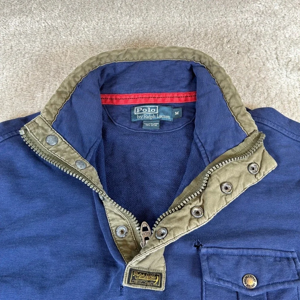 VTG Polo Ralph Lauren Pullover Mens Medium Blue Quarter Zip Military Elbow Patch